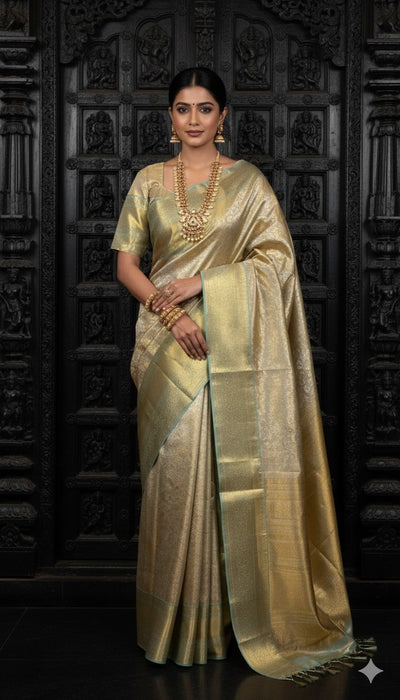 Gold and Jade Green Brocade Kanchivaram Pure Silk Saree With Stitched Blouse