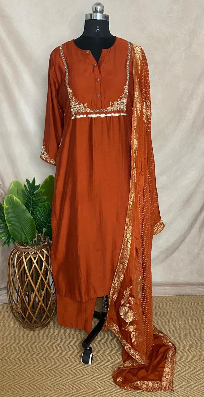 Orange chanderi silk kurti with handwork, bottom and banarsi dupatta