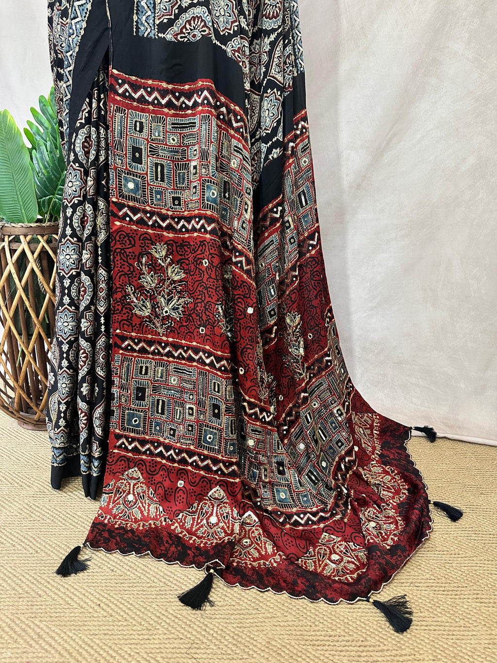 Designer Ajrakh modal silk saree with bead and mirroer handwork, stitched blouse