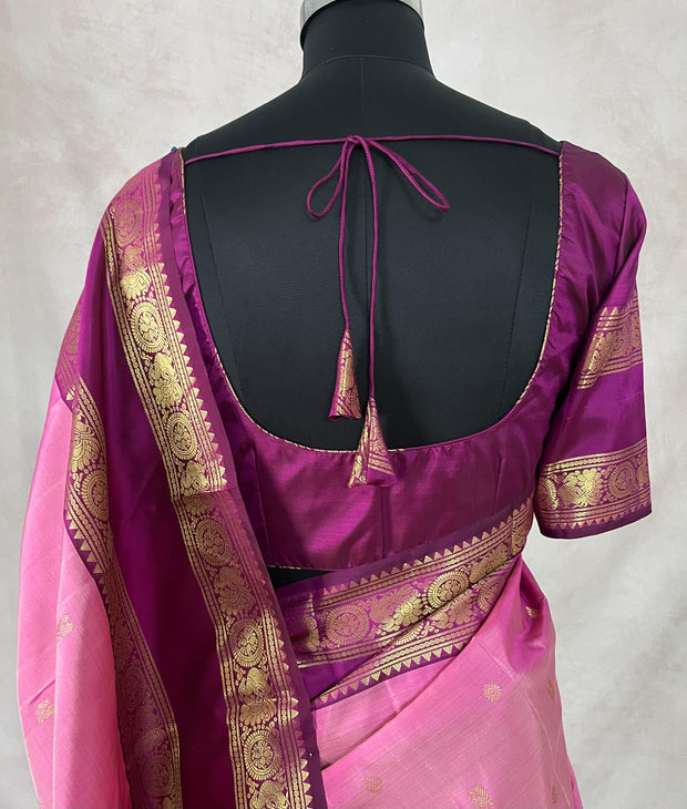 Pink and Majenta Kanchivaram saree with stitched blouse