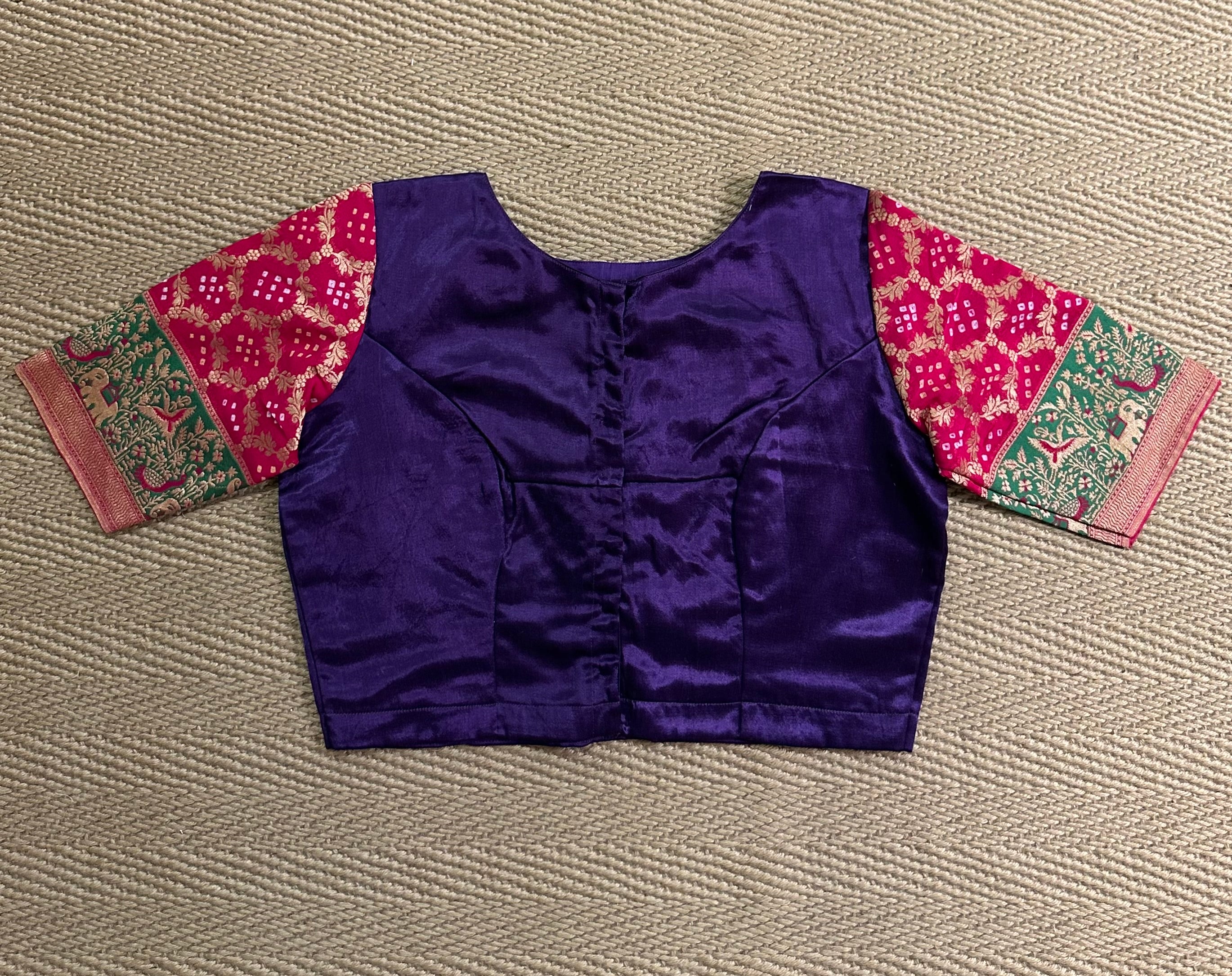 Purple modal silk blouse with mirror work and hand Kutch Embroidery
