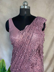 Lilac ready made saree in superior quality lace, with stitched blouse