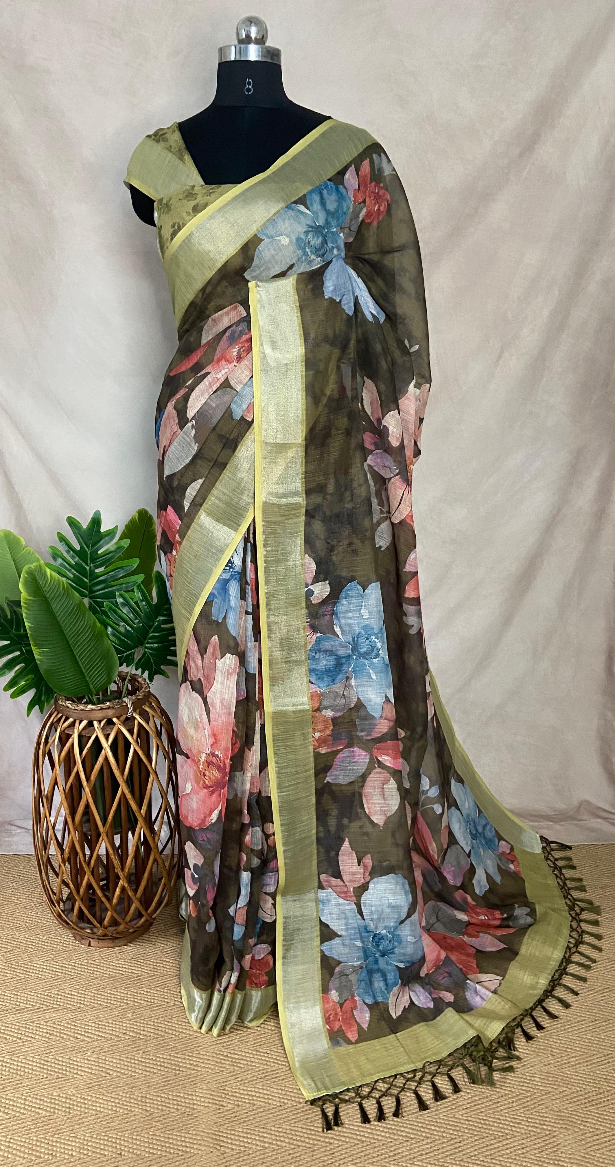 Fancy linen digital printed saree with BP