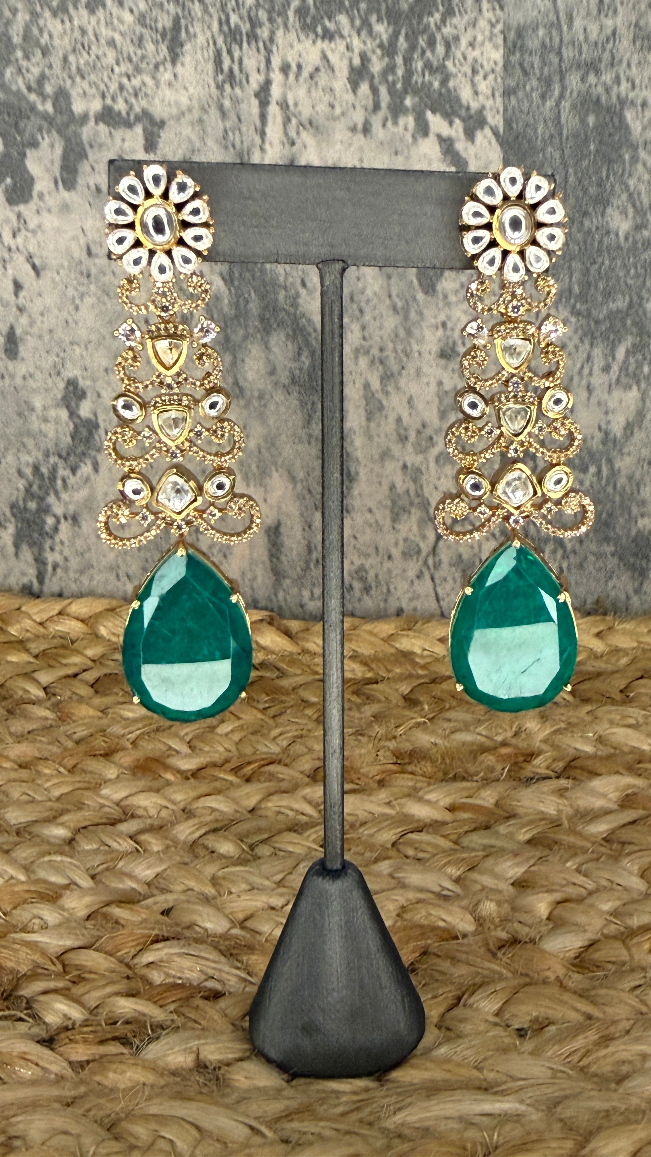 Designer replica earring with green and moissanite stone