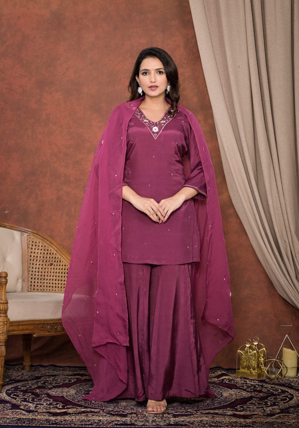 Wine red crepe kurti with flared palazzo and dupatta
