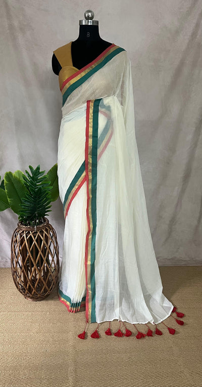 Mulcotton saree with green, red, and gold border (no Pico and fall)