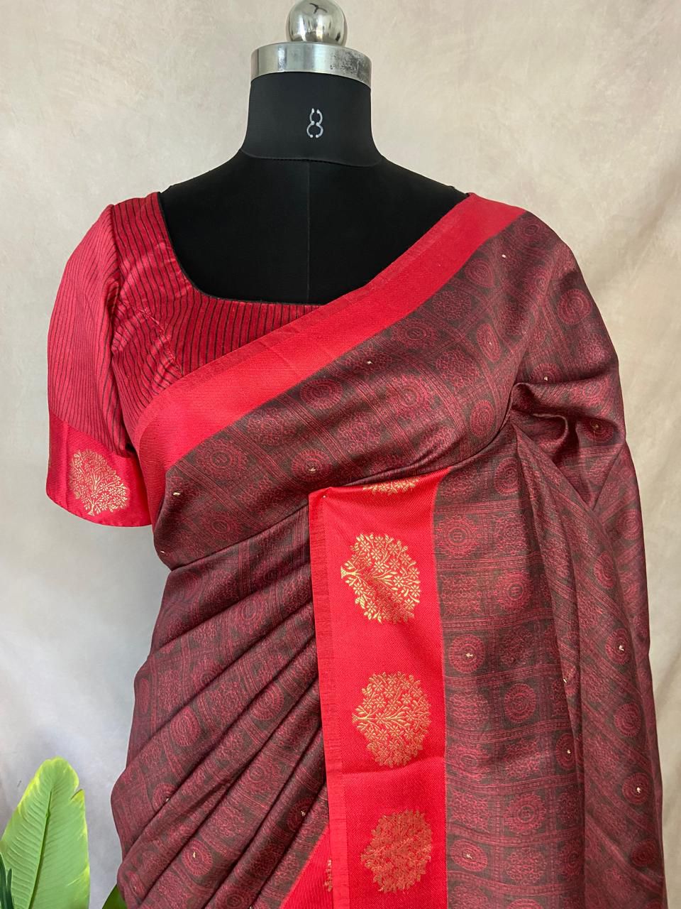 Printed blended tussar silk saree with hand work and stitched blouse