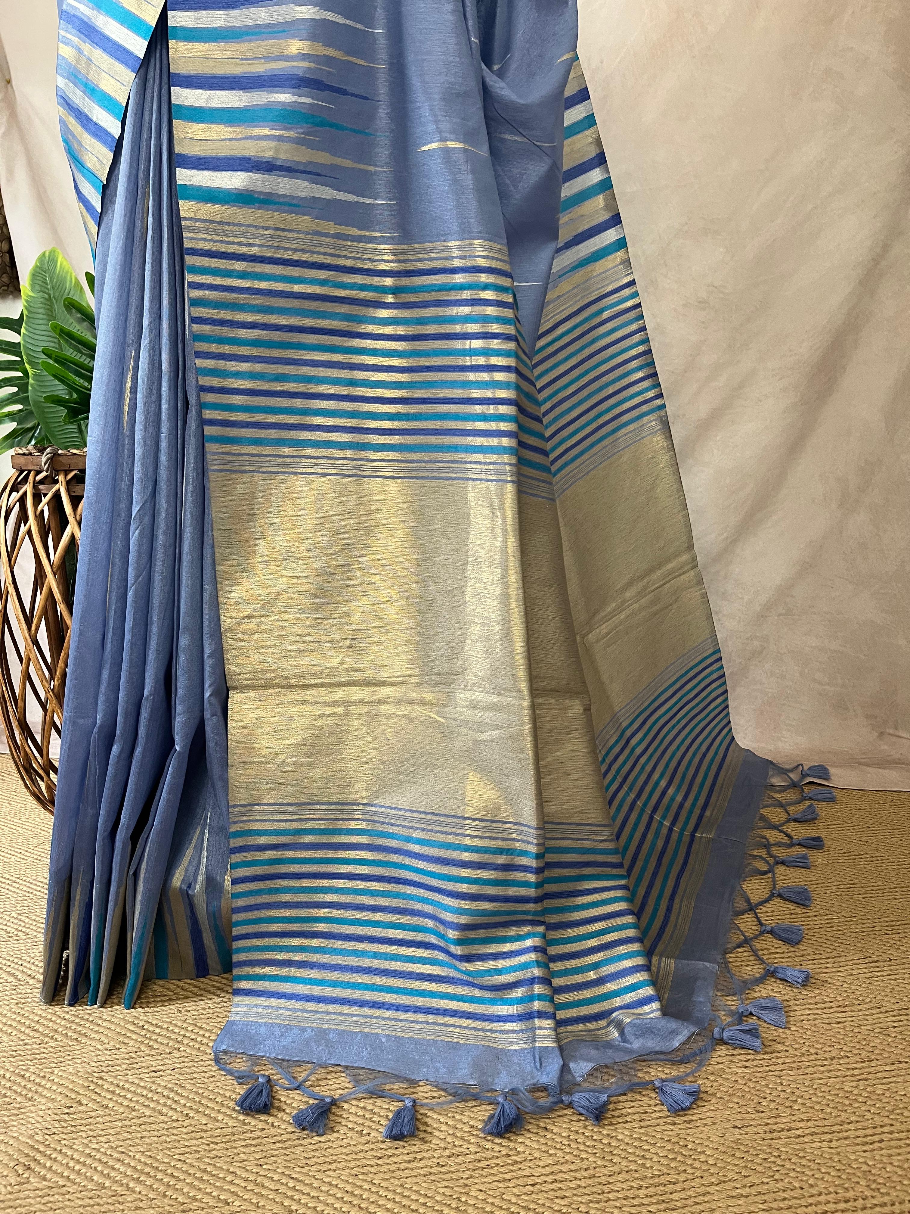 Pastel blue semi tussar silk saree with temple border, with BP