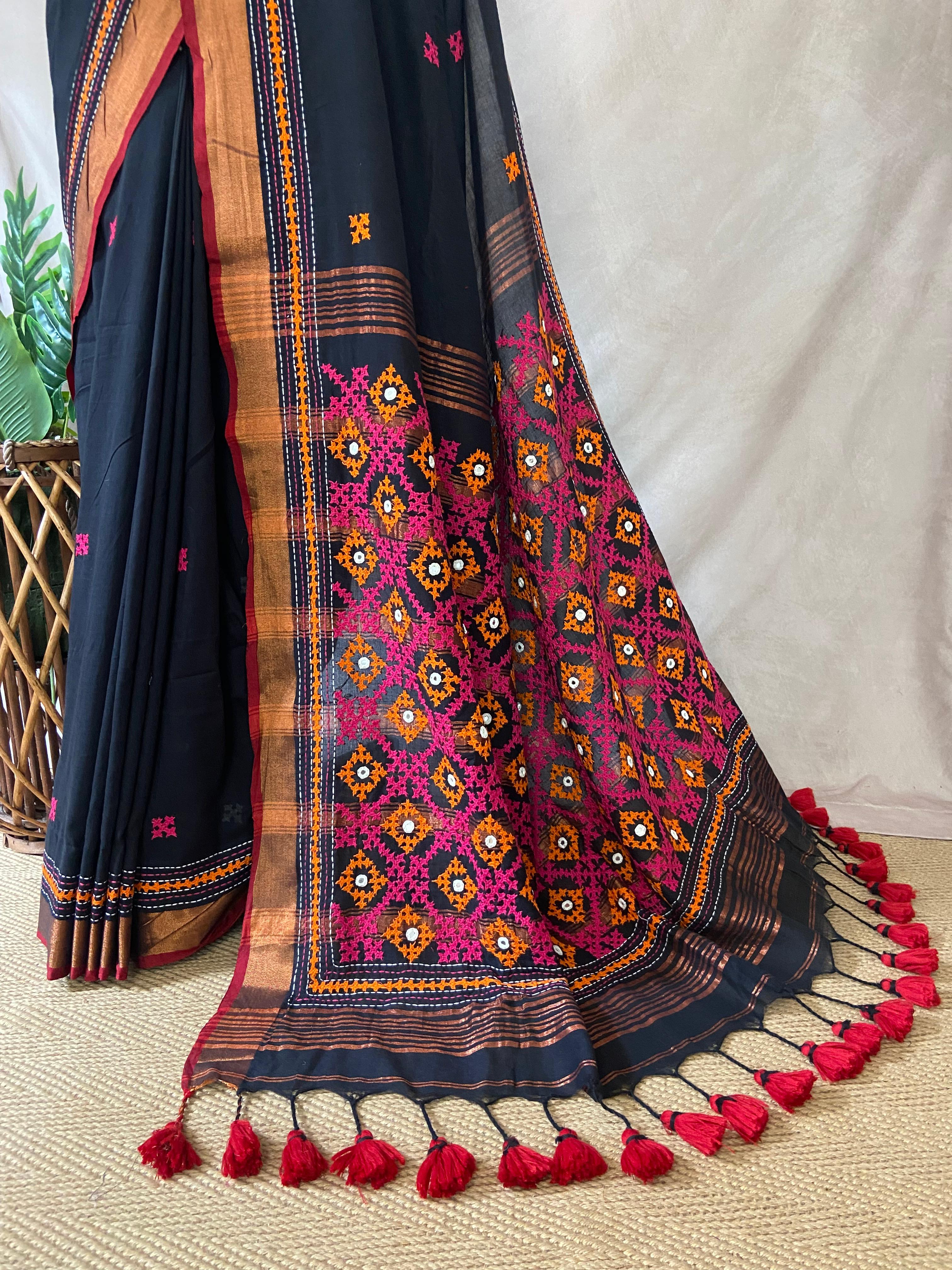 Black cotton saree with kutch work and stitched blouse