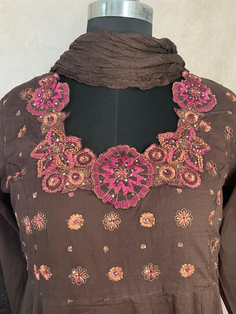 Brown anarkali kurti with bottom and dupatta