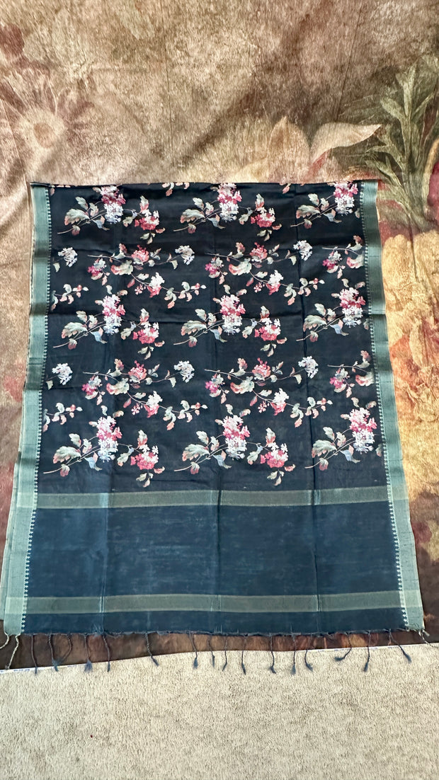 Black floral printed semi tussar silk saree with stitched blouse
