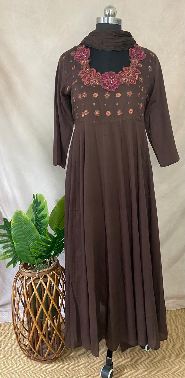 Brown anarkali kurti with bottom and dupatta