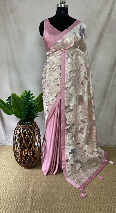 Light pink designer saree with stitched blouse