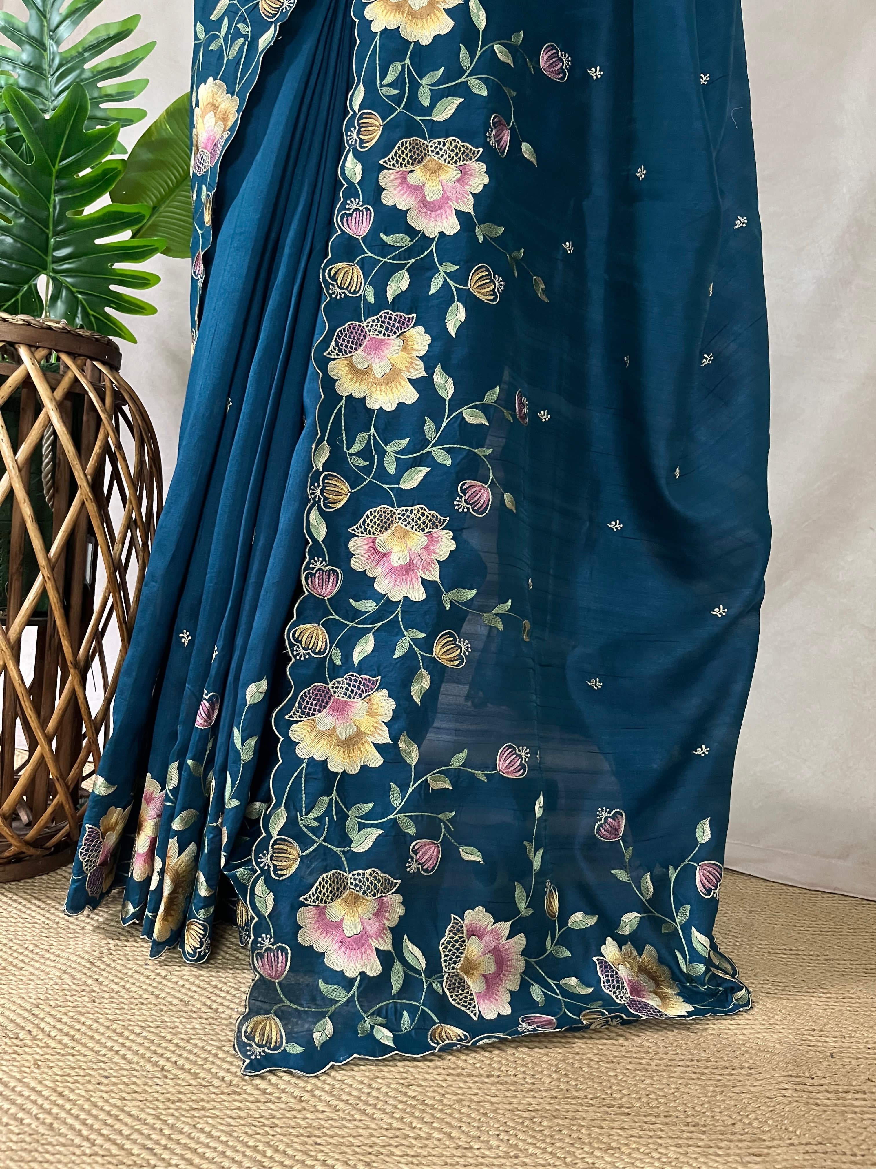 Cobalt blue semi tussar silks aree with emroidery , with stitched blouse