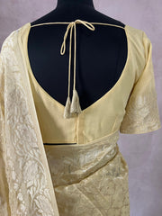 Light yellow pure Geogette silk saree with stitched blouse