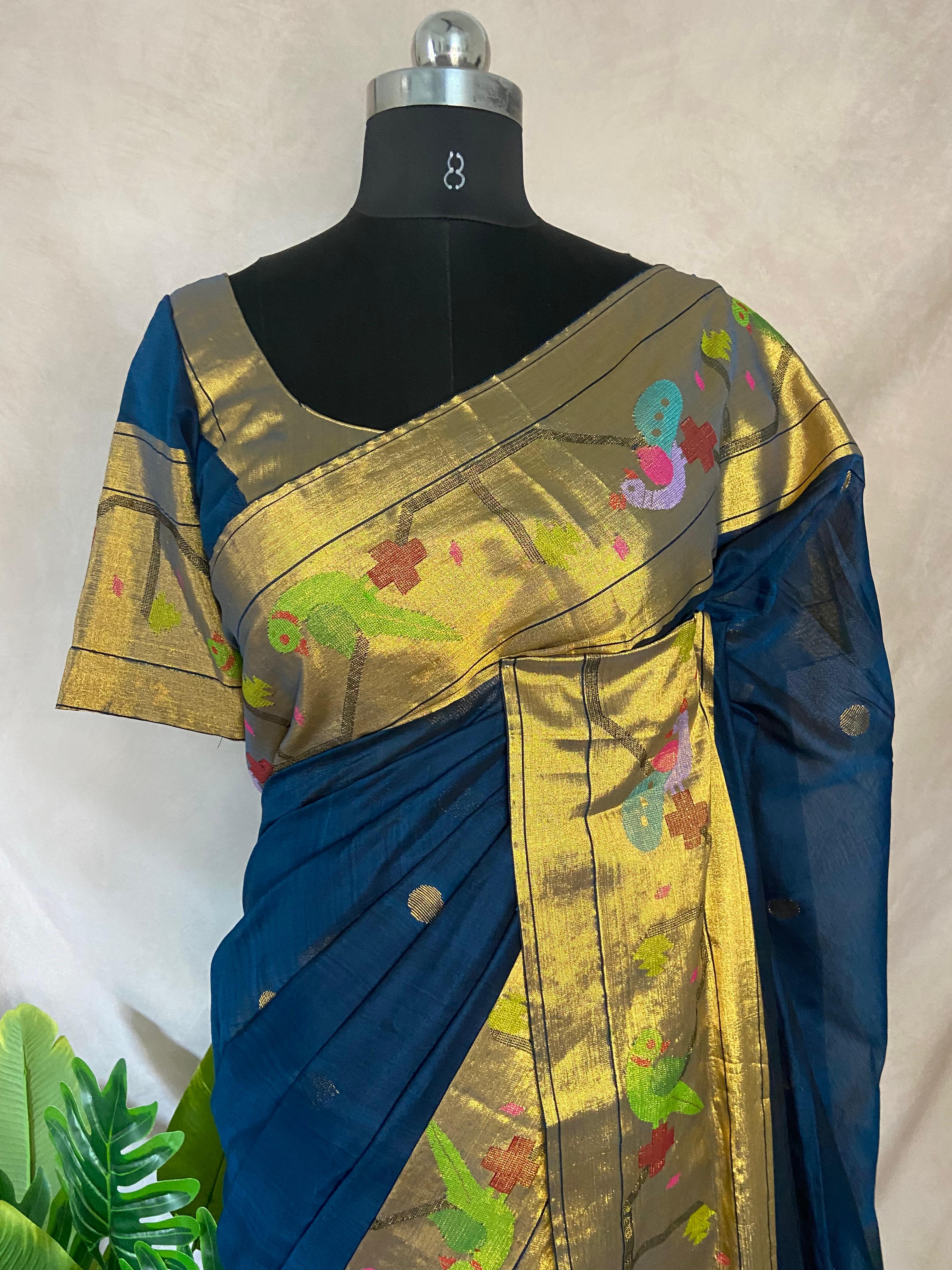 Peacock blue cottan paitani saree with stitched blouse