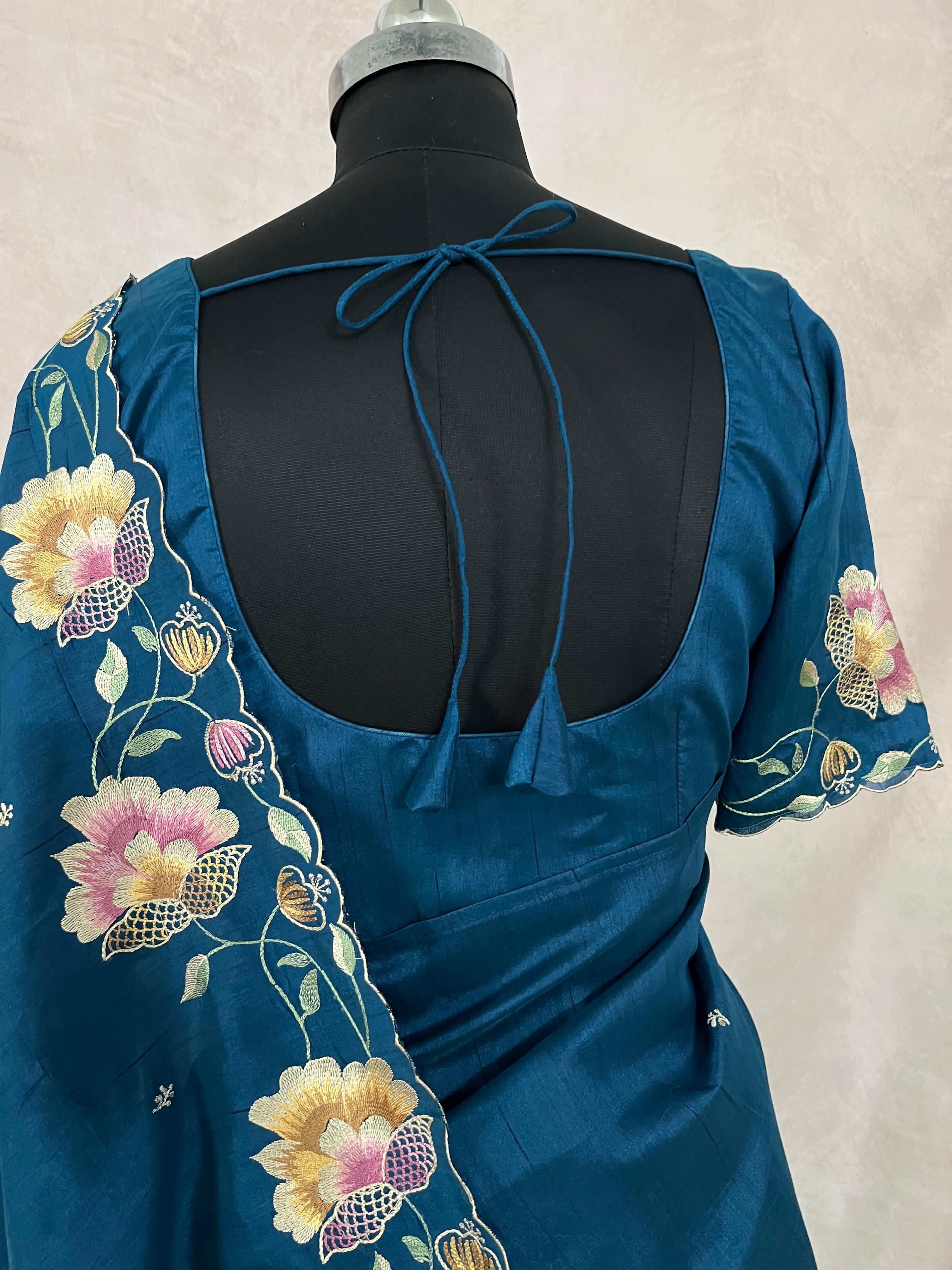Cobalt blue semi tussar silks aree with emroidery , with stitched blouse