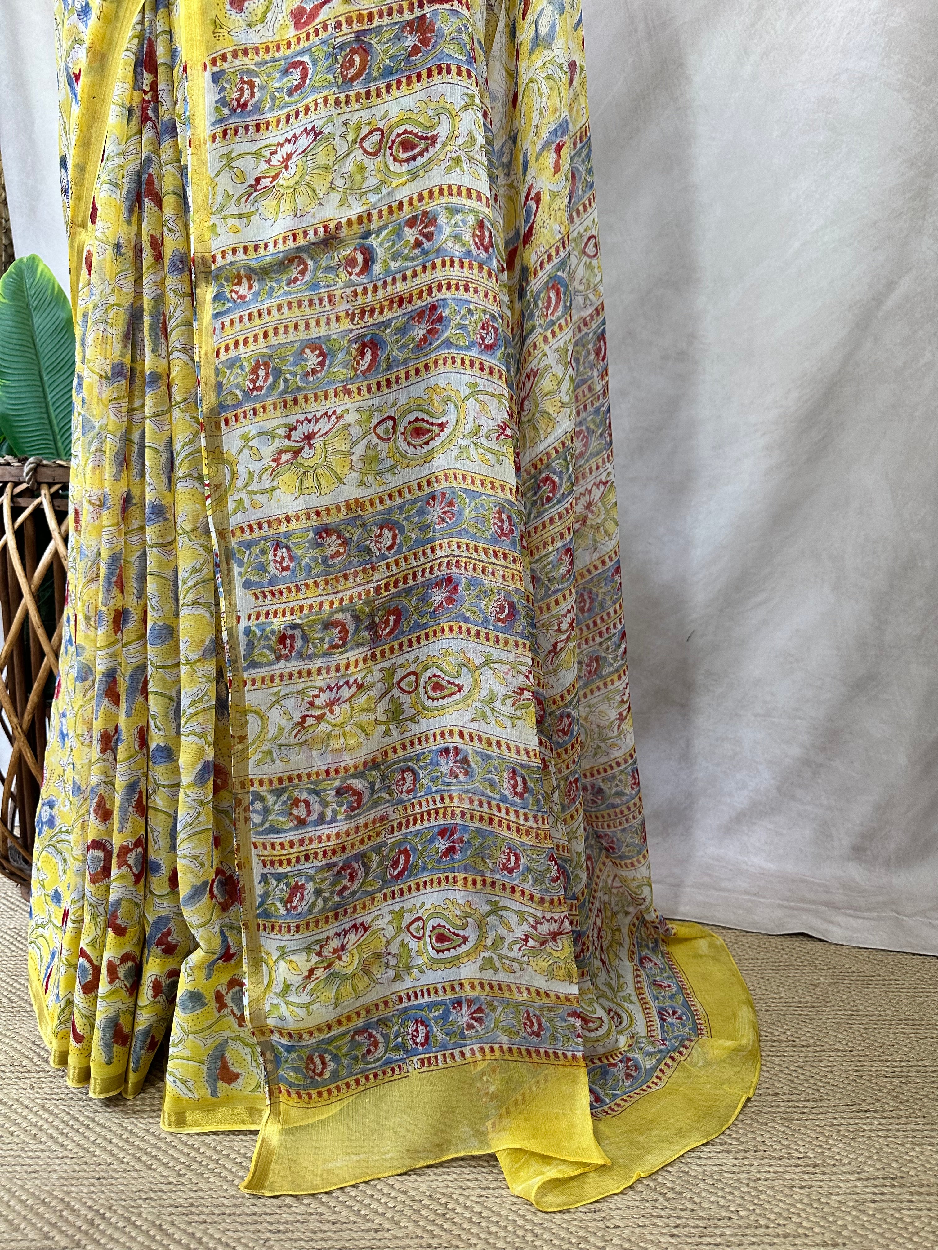 Premium handblock printed Pure Chiffon saree , with BP