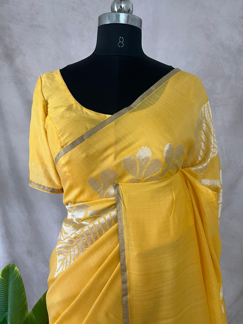 Yellow pure munga silk designer weave (single Motif) saree with stitched blouse