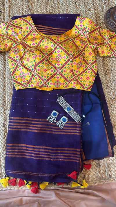 Handloom linen saree with sequins weave