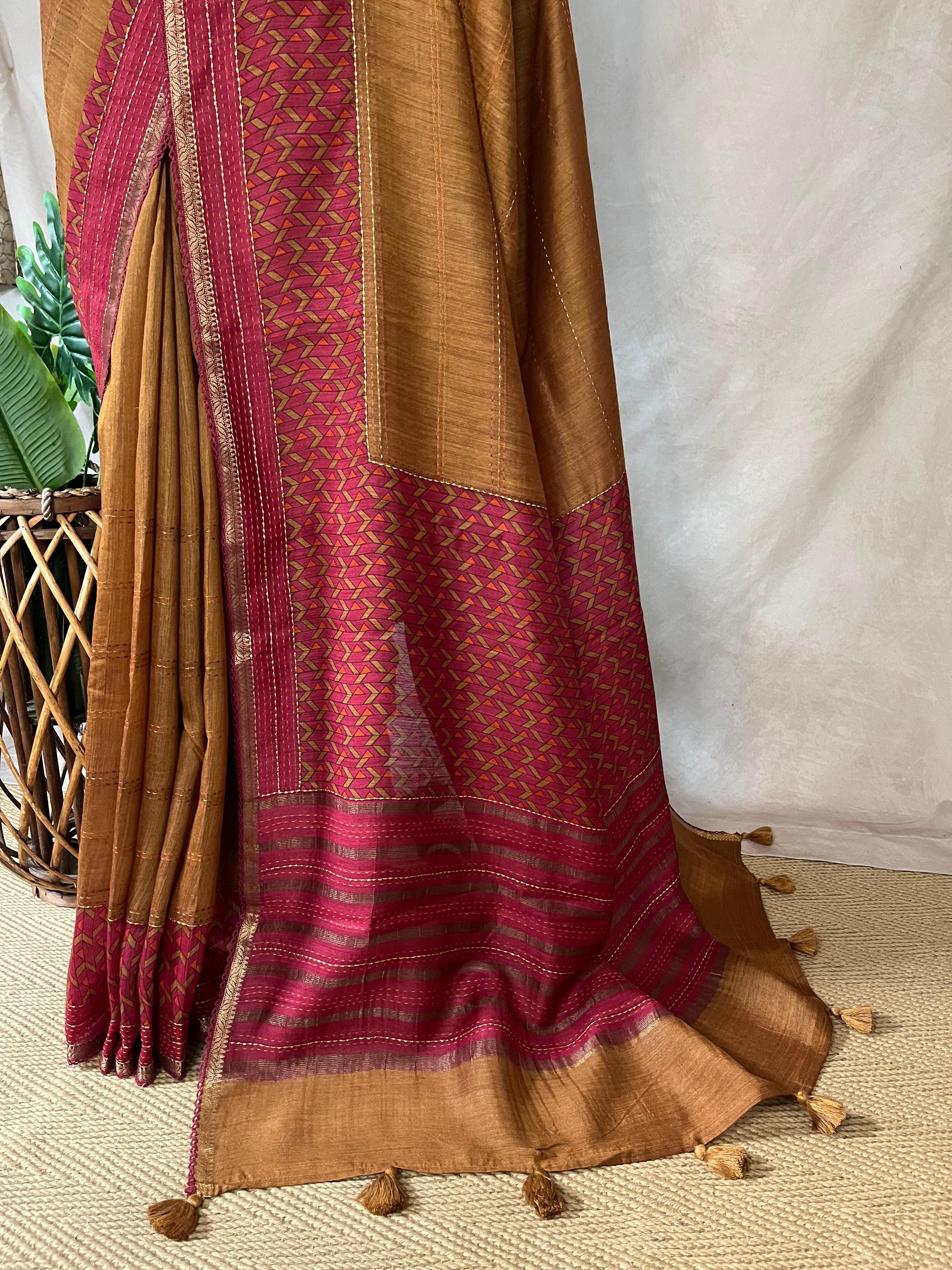 Mustard yellow and pink blended  tussar silk kantha work, and BP