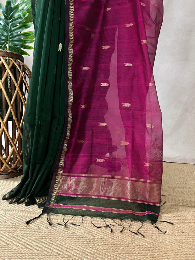 Pure Green Maheshwari silk saree with stitched blouse