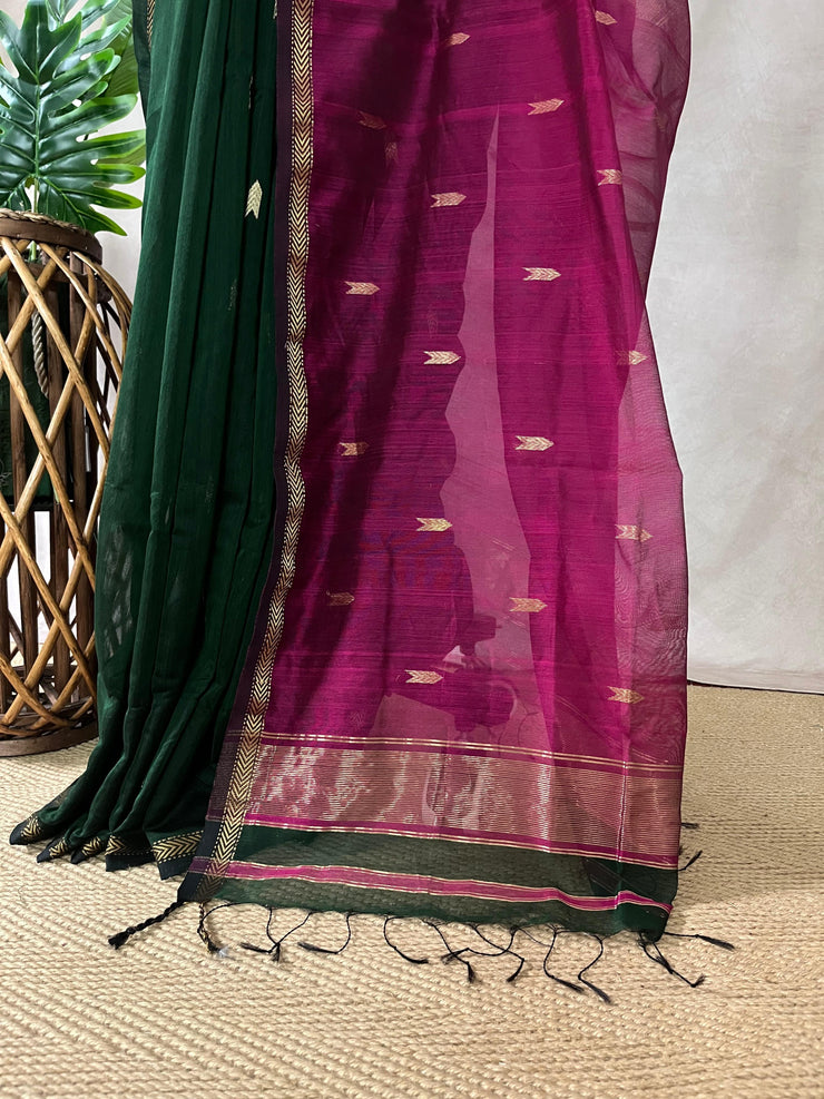 Pure Green Maheshwari silk saree with stitched blouse