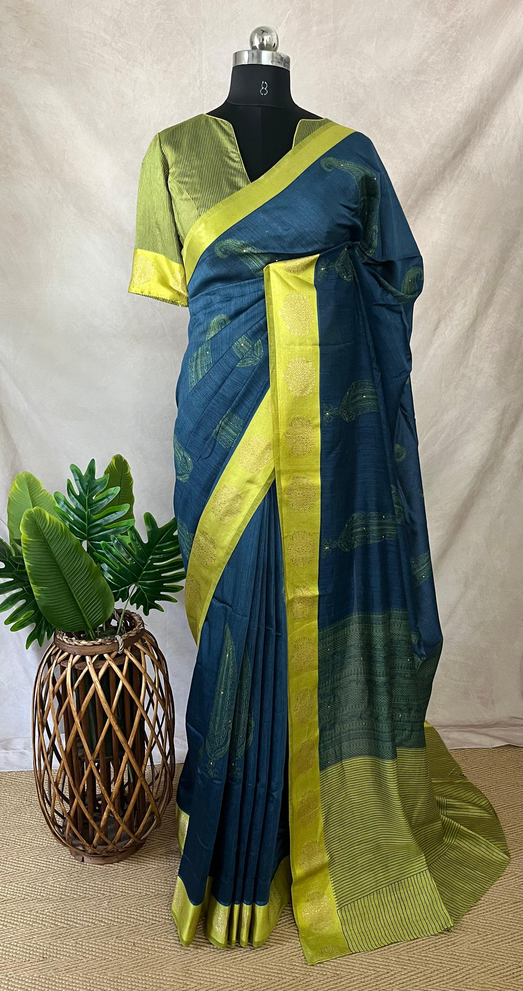 Printed blended tussar silk saree with hand work and stitched blouse