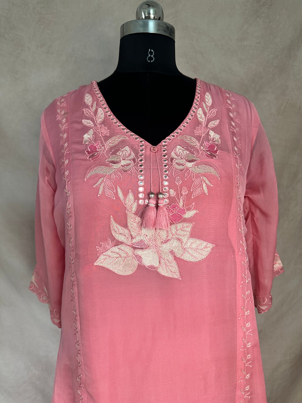 Light pink organza silk kurti with bottom and dupatta