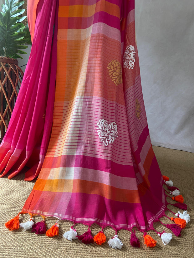 Mul cotton saree with heart kantha, with BP
