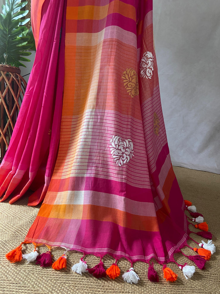 Mul cotton saree with heart kantha, with BP