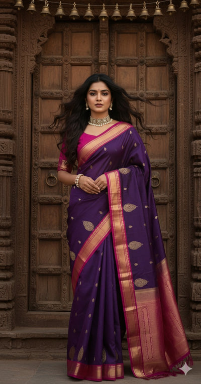 Purple and Pink Kanchivaram Saree With Stitched Blouse
