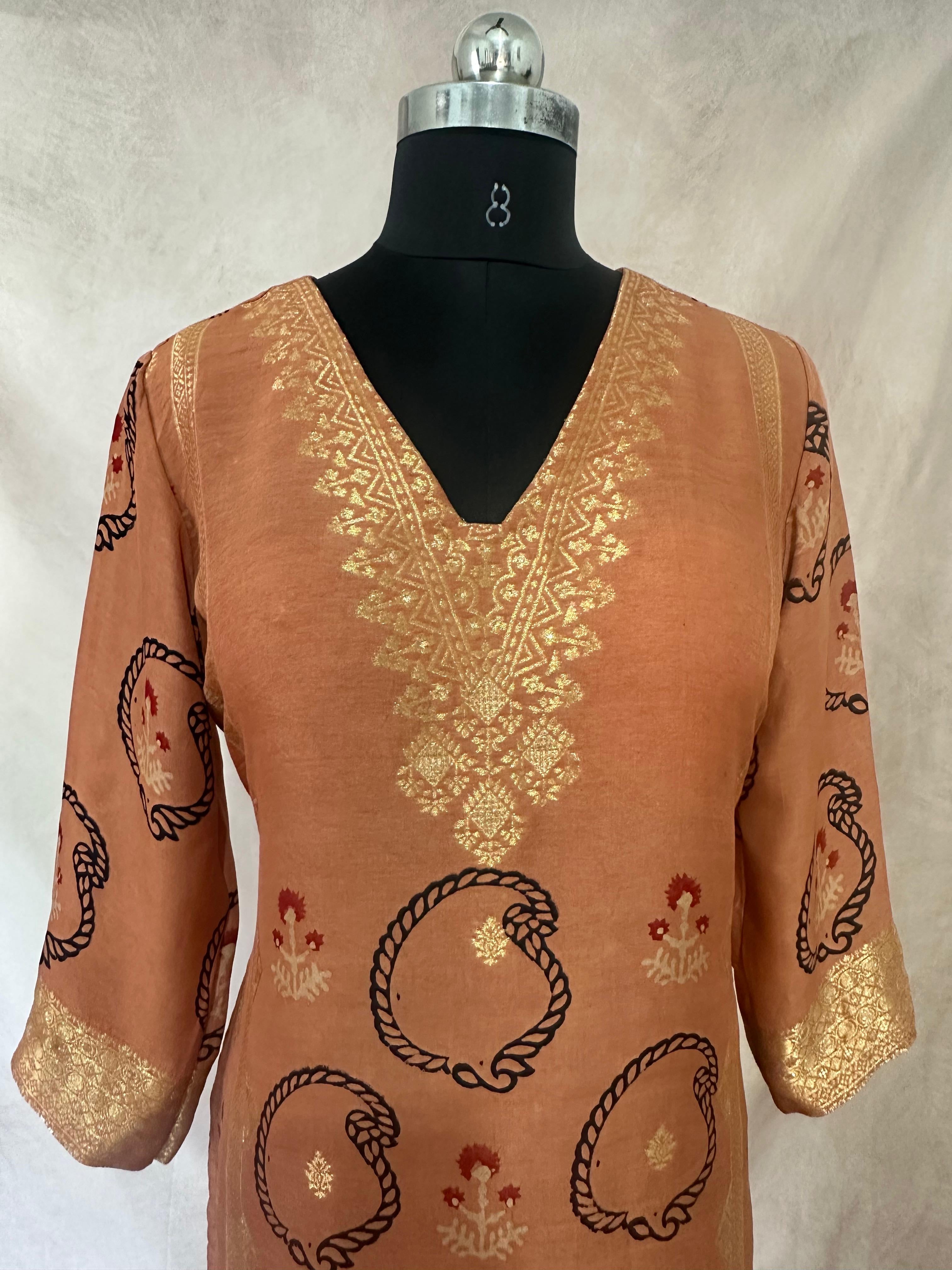 Dola silk kurti with ajrakh hand block print dupatta