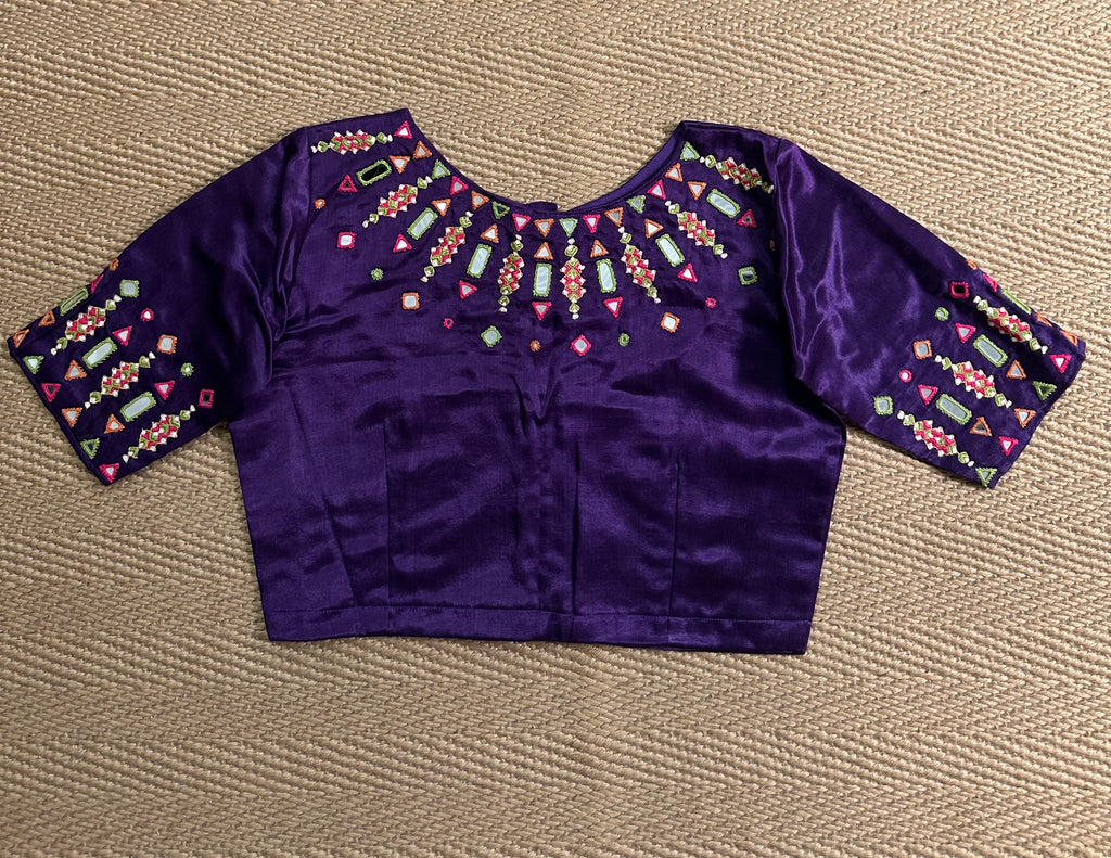 Purple modal silk blouse with mirror work and hand Kutch Embroidery
