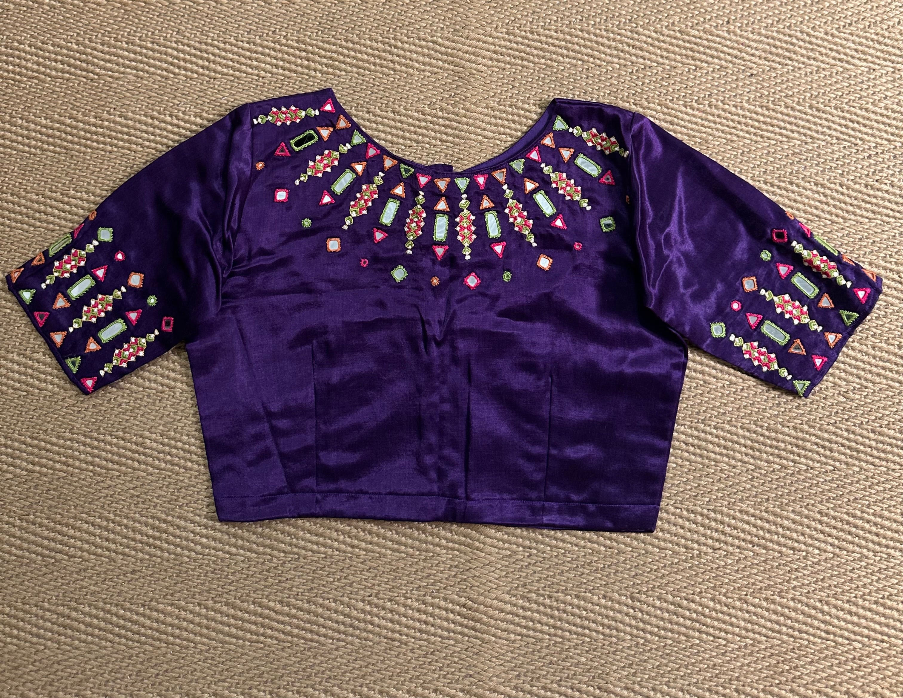 Purple modal silk blouse with mirror work and hand Kutch Embroidery