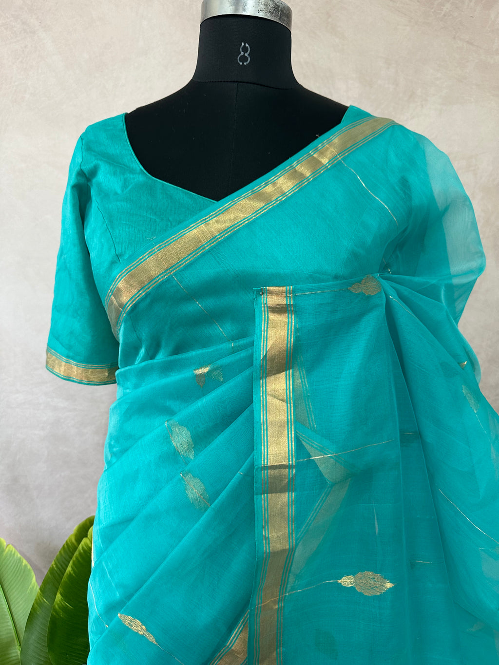 Copper sulfate blue chaneri saree with stitched blouse