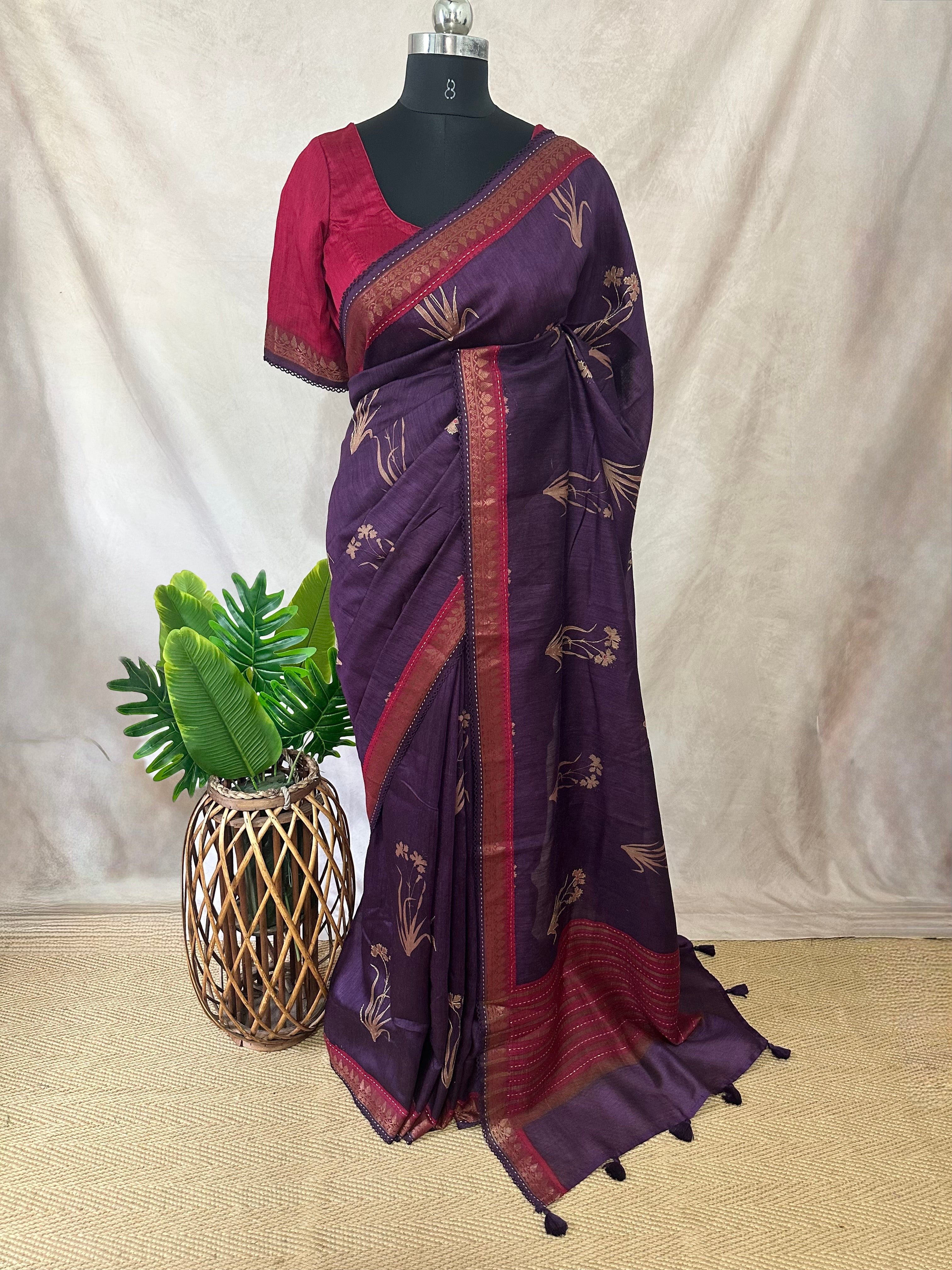 Blended Tussar silk saree with block prints and high lighted with handwork, stitched blouse