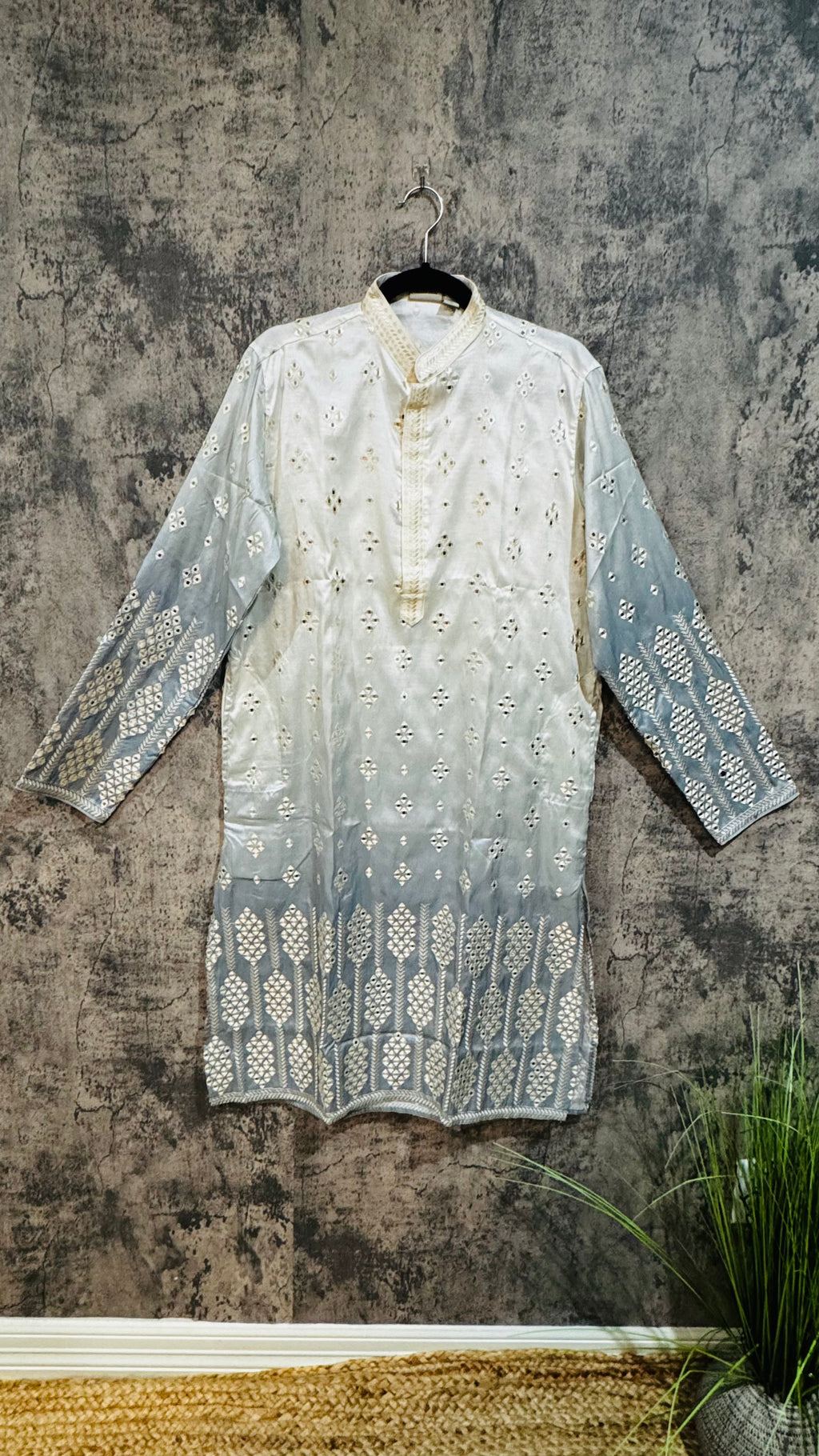 Ombre grey and off white cotton silk kurta with mirror work