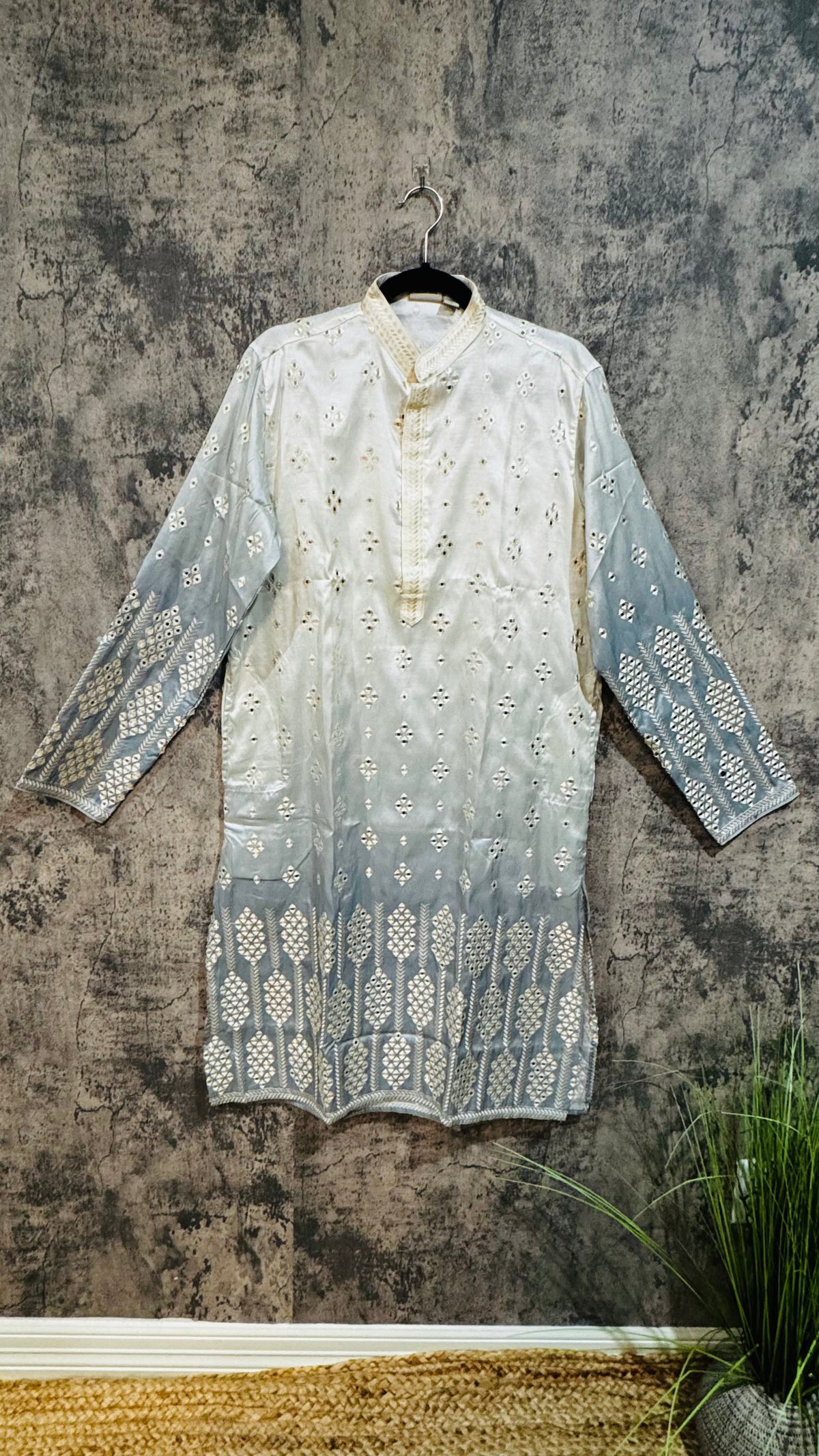 Ombre grey and off white cotton silk kurta with mirror work