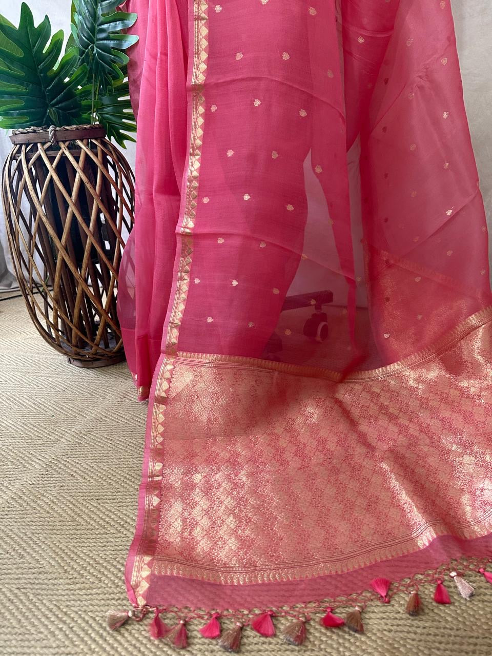 Kora silk saree with small border and stitched blouse and under skirt