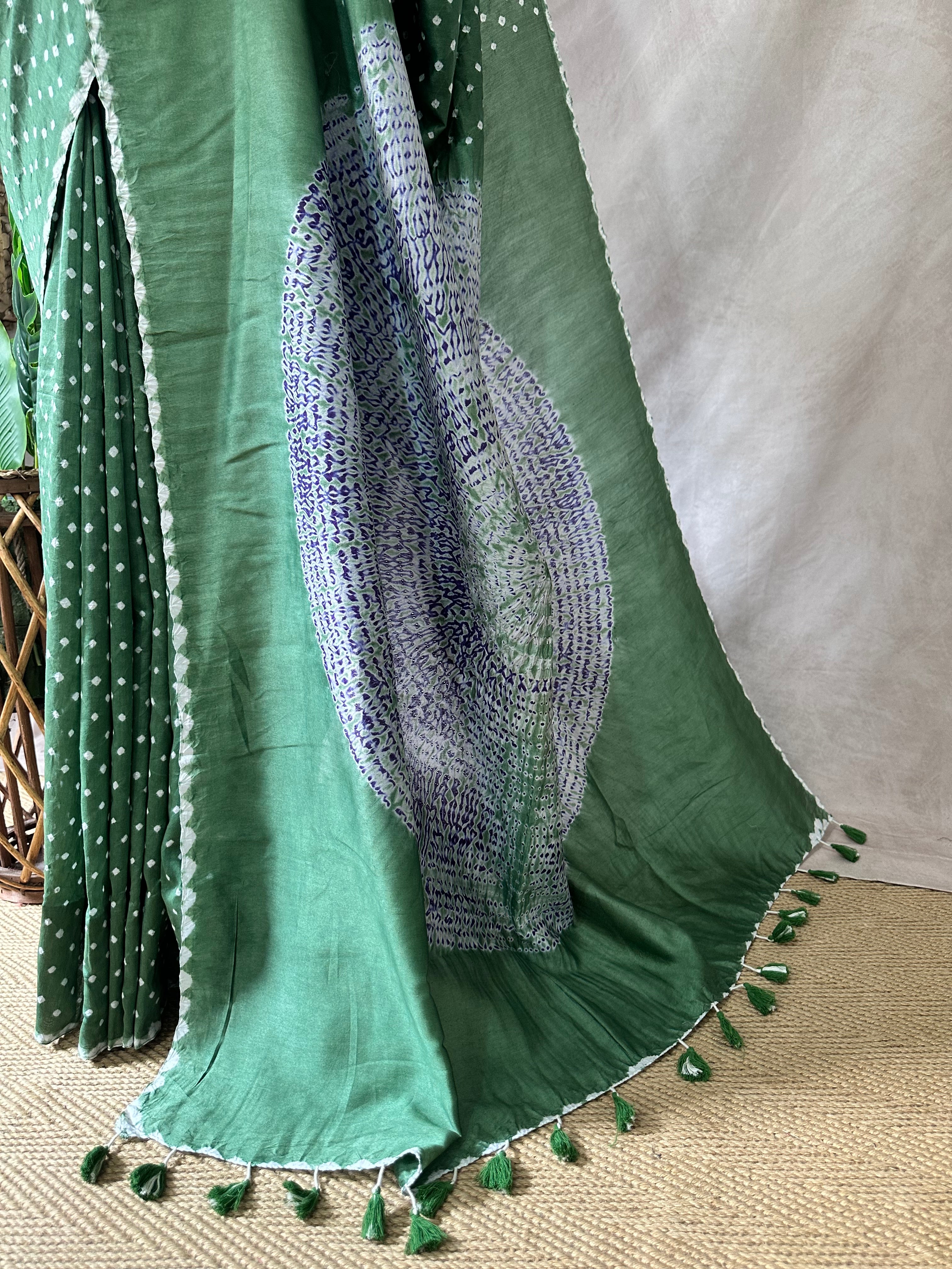 Pure chanderi silk saree with Bandhini and shibori work, stitched blouse