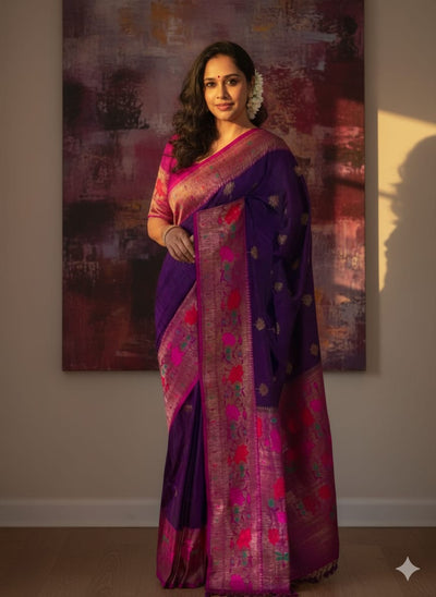 Purple dupion silk saree with magenta paitani border, stitched blouse