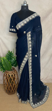 Navy Blue organza saree with Stiched blouse