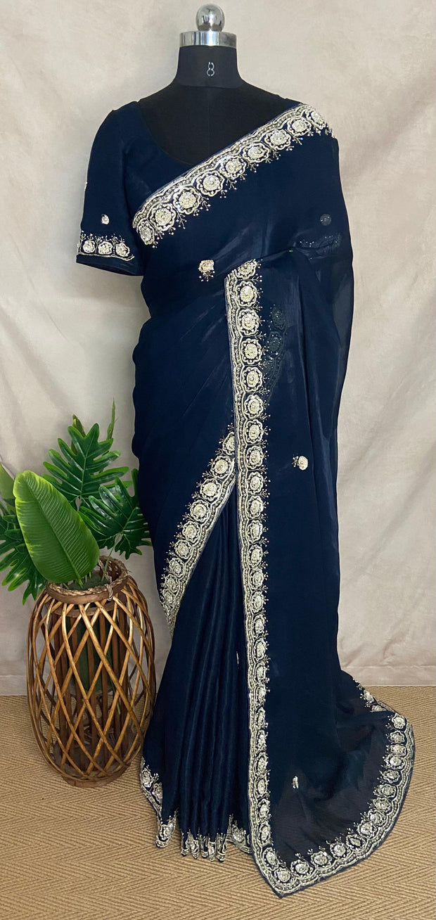Navy Blue organza saree with Stiched blouse