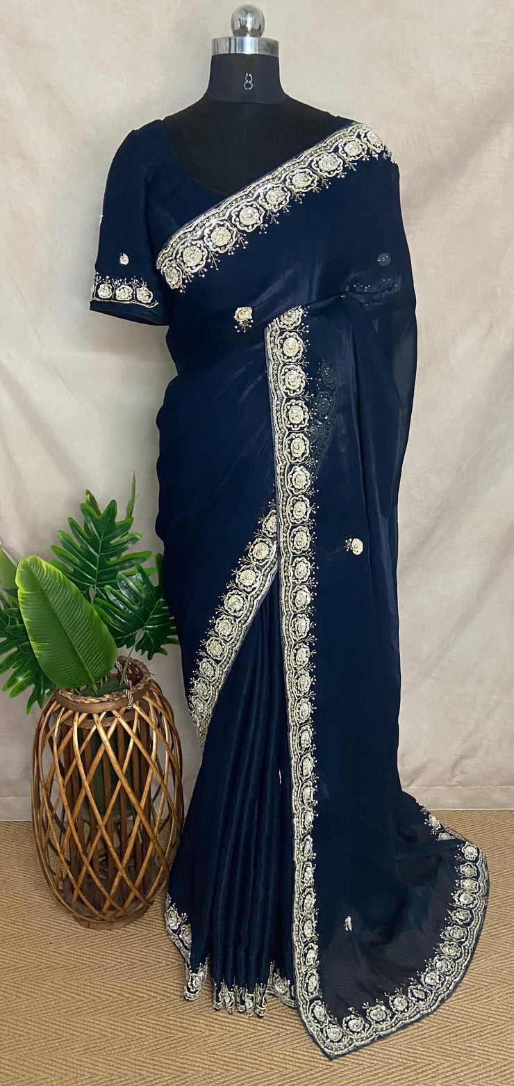 Navy Blue organza saree with Stiched blouse