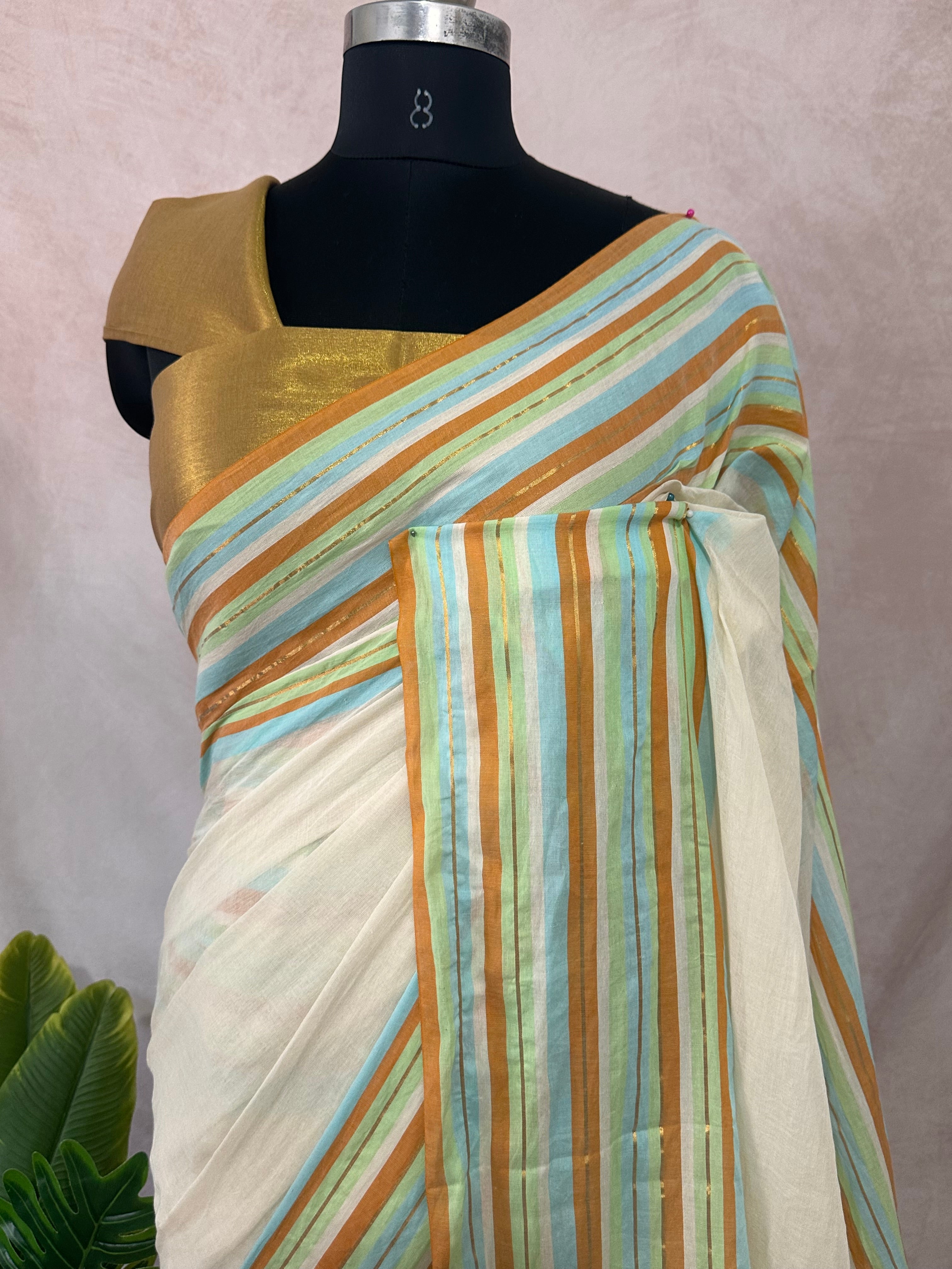Multi color border 120 count mulcotton saree