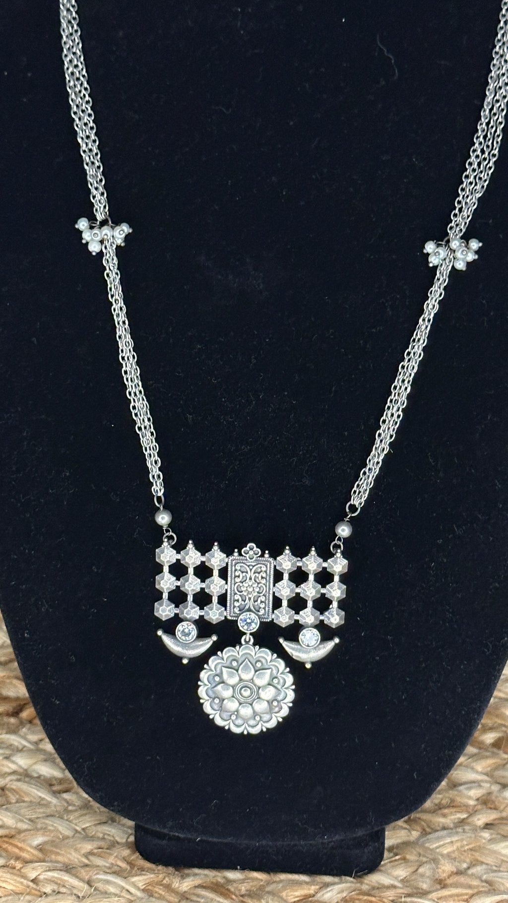 Silver replica necklace and earring - with white stone