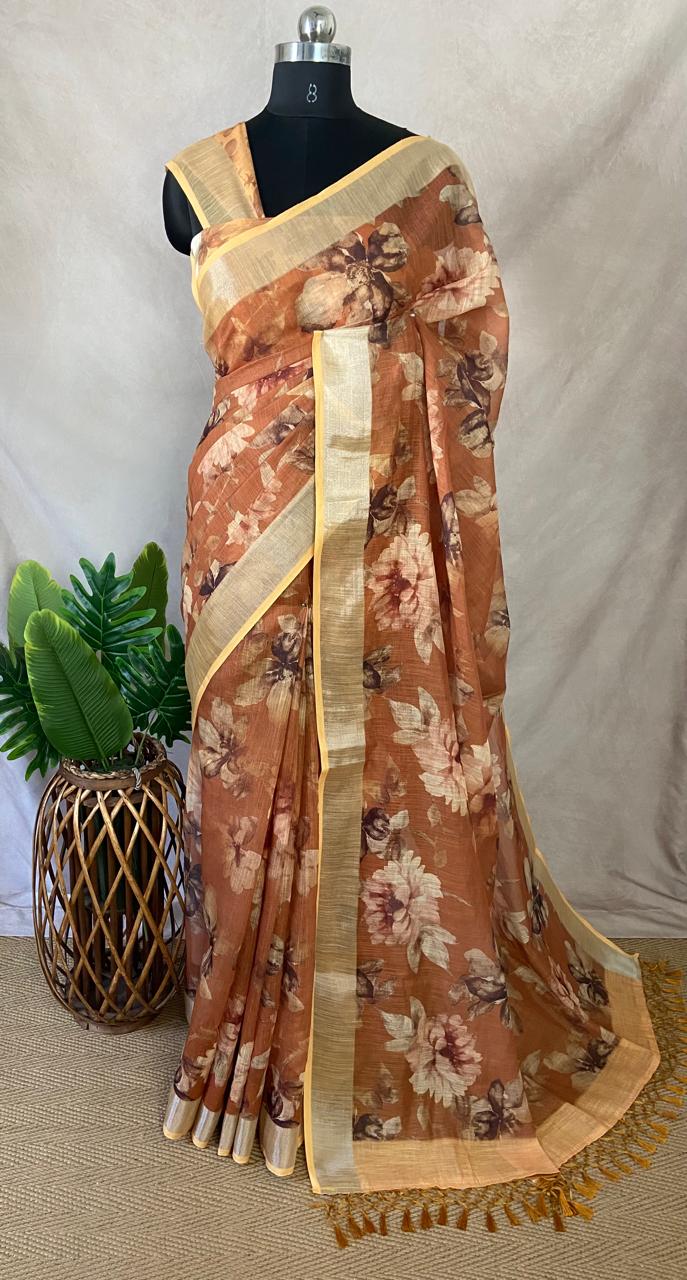 Fancy linen digital printed saree with BP