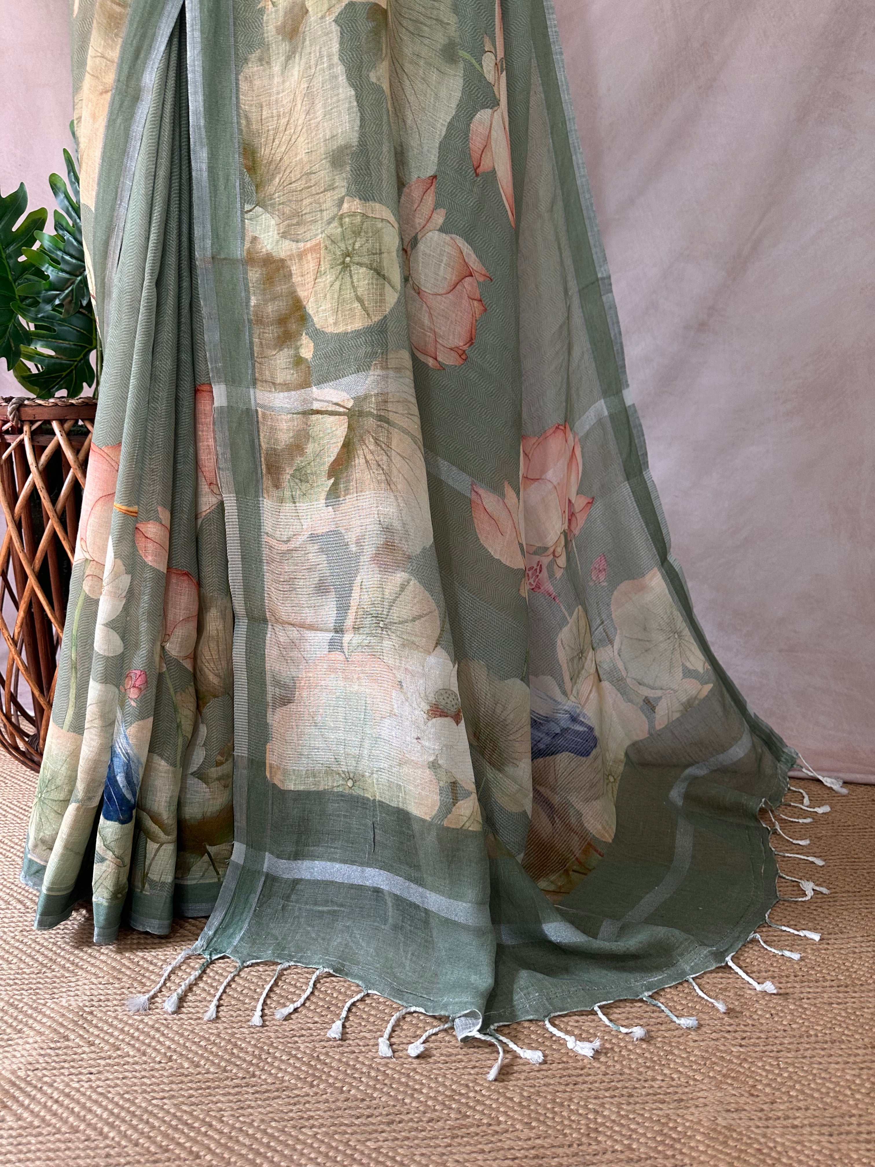 Linen digital Printed saree , with BP