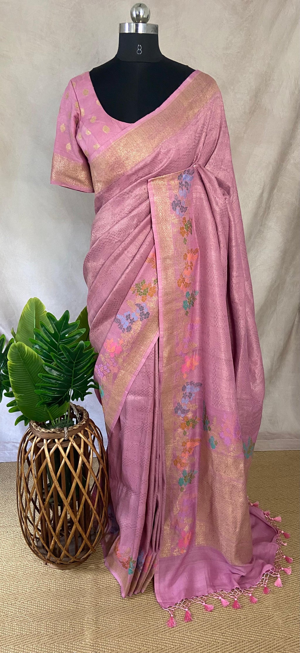Light pink tussar brocade saree with meenakari weave, stitched blouse
